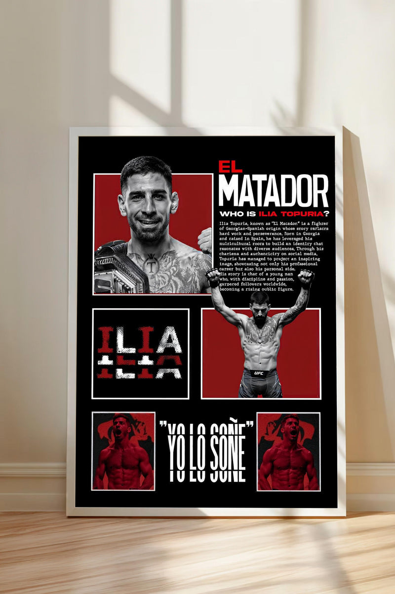 The image is a poster featuring a collage of images related to the fighter, El Matador. The poster includes images of El Matador, his fighters, and his fighters' images. The poster also includes text that provides information about El Matador and his fighters.