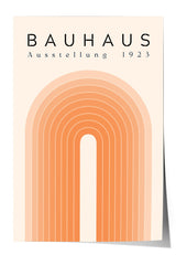 The image is a poster for Bauhaus, featuring a large orange arch with a white line through the center.