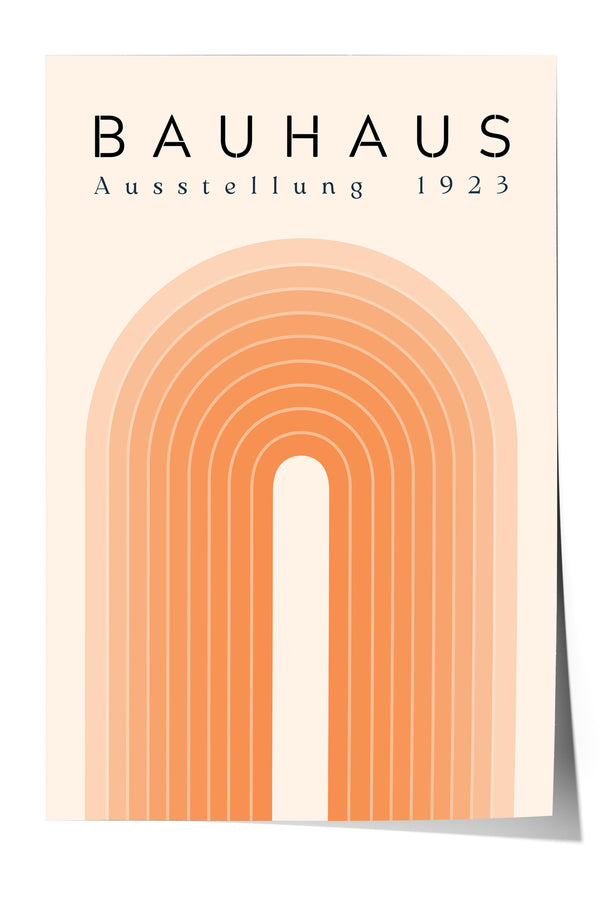 The image is a poster for Bauhaus, featuring a large orange arch with a white line through the center.