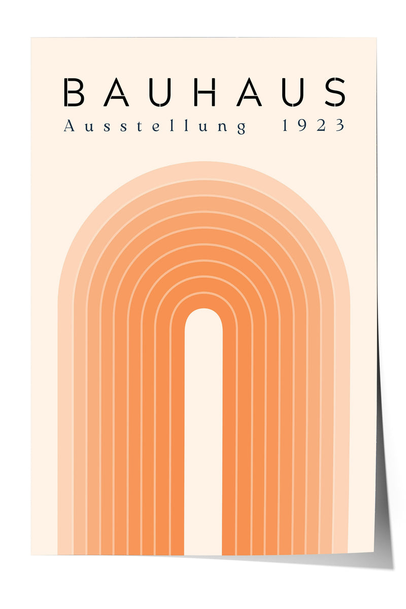 The image is a poster for Bauhaus, featuring a large orange arch with a white line through the center.