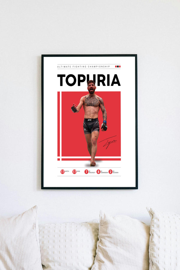 a framed poster of a man with a tattoo, wearing boxing shorts, and holding a boxing glove.