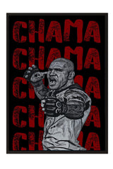 A black and white image of a man in a fighting stance, with the word "CHAM" repeated in red text throughout the background.