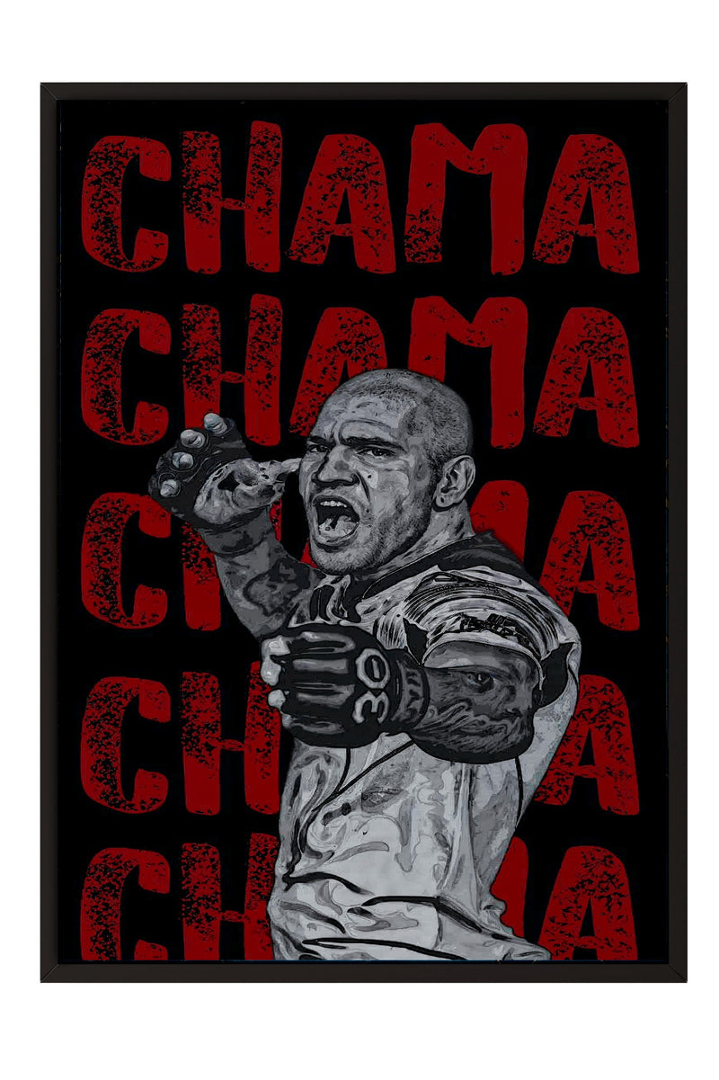 A black and white image of a man in a fighting stance, with the word "CHAM" repeated in red text throughout the background.