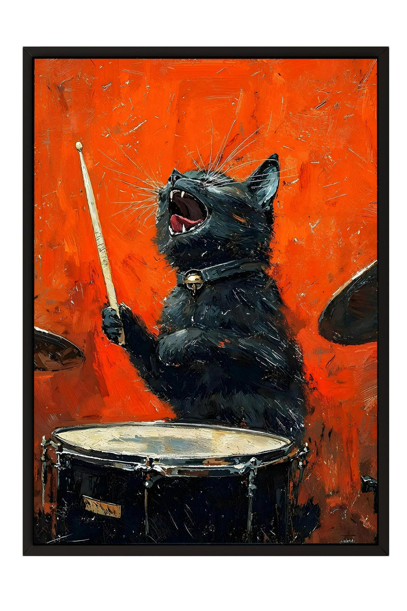 A black cat is shown playing a drum set, with its mouth open wide and appearing to be singing or shouting.