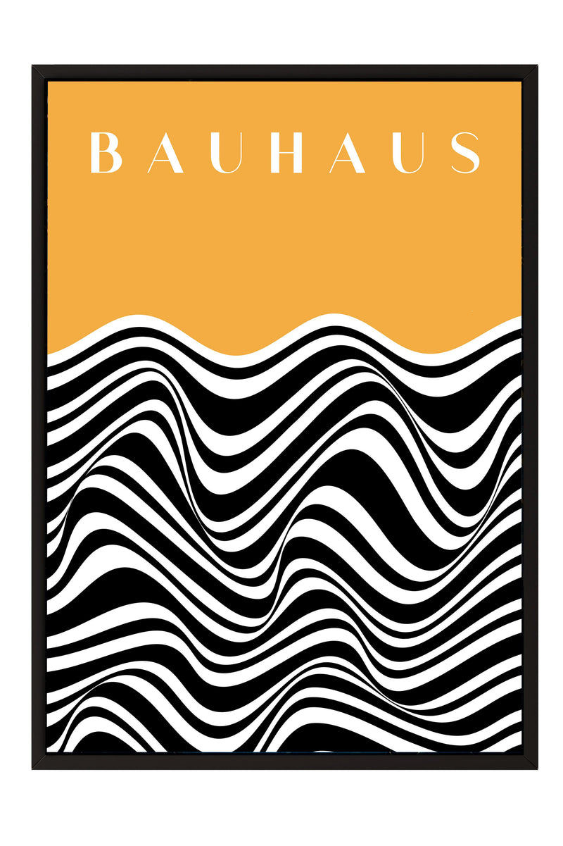 The image is a framed poster featuring a bold, abstract design with a wave-like pattern in black and white. The word "BAHAU" is prominently displayed in the top center of the poster.
