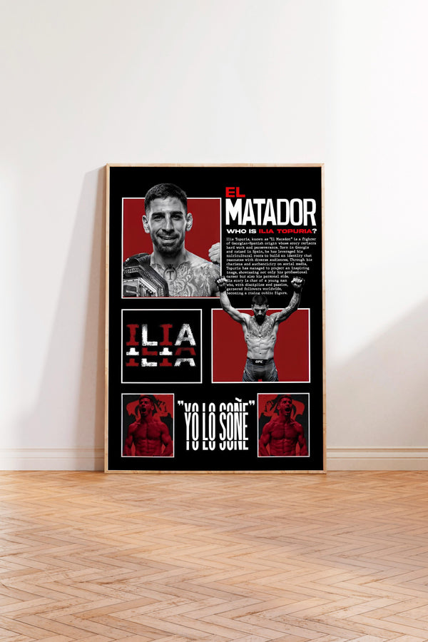 The image is a poster featuring a fighter named El Matador, who is known for his boxing career. The poster includes multiple images of El Matador, along with text that describes his achievements and impact in the world of boxing.