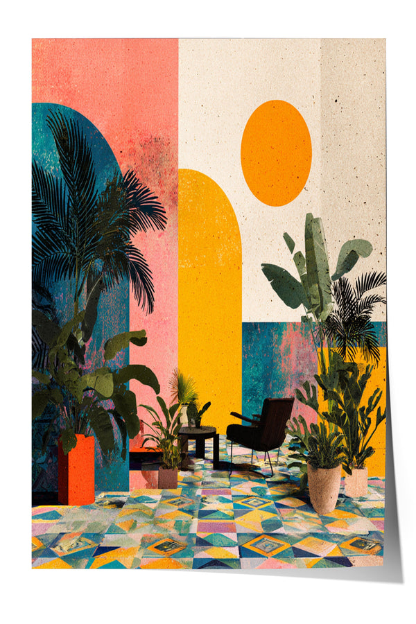 The image is a vibrant and colorful abstract art piece featuring a tropical setting with palm trees, a yellow circle, and a black chair.