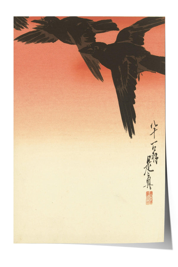 two black birds in flight against a gradient background, with Japanese text in the bottom right corner.
