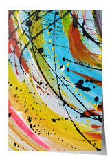 The image is a vibrant abstract painting with bold, colorful brushstrokes and splatters of paint in various shades of yellow, red, blue, and black.