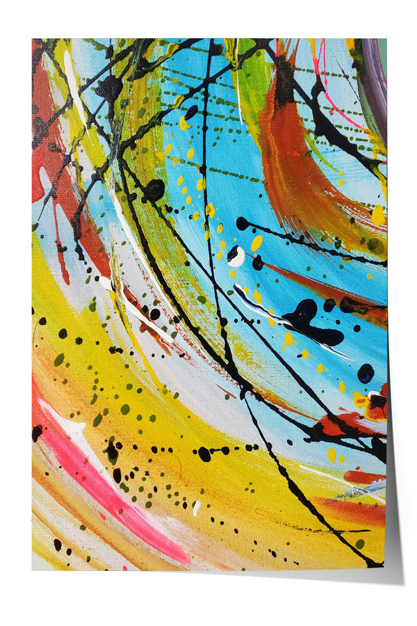 The image is a vibrant abstract painting with bold, colorful brushstrokes and splatters of paint in various shades of yellow, red, blue, and black.