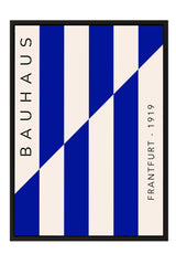 The image is a framed poster featuring a geometric design with blue and white vertical stripes. The poster is titled "BAHAU" and includes the text "FRANTFURT" in the bottom right corner.