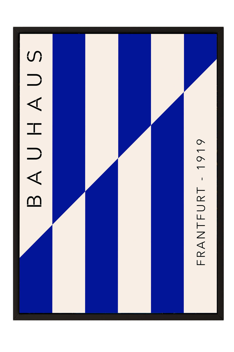 The image is a framed poster featuring a geometric design with blue and white vertical stripes. The poster is titled "BAHAU" and includes the text "FRANTFURT" in the bottom right corner.