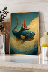 The image is a painting depicting a person riding a boat on the back of a large, colorful fish. The fish appears to be floating in the air, creating a whimsical and imaginative scene.