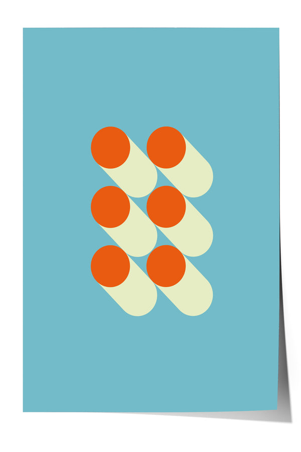 a geometric design composed of nine circles, each with a different color and size, arranged in a grid-like pattern against a blue background.