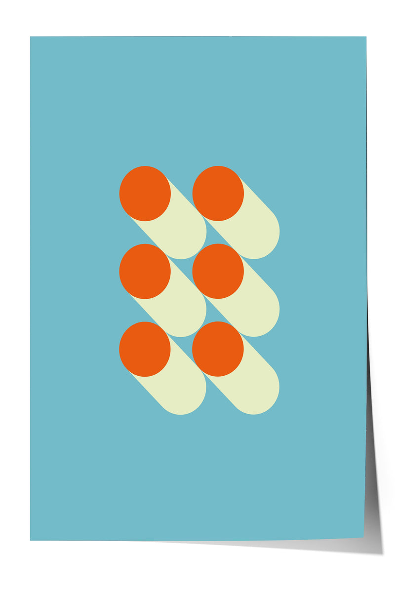 a geometric design composed of nine circles, each with a different color and size, arranged in a grid-like pattern against a blue background.