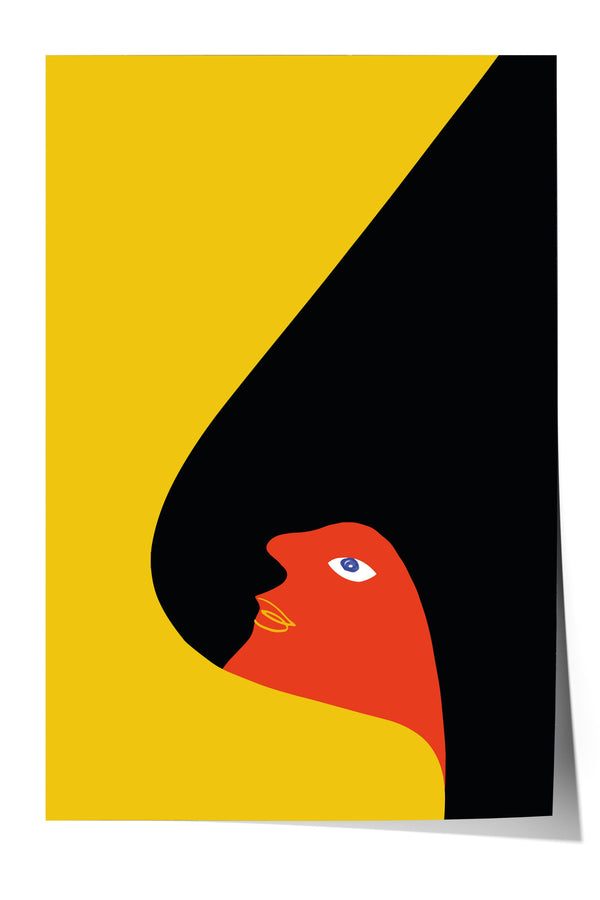 a stylized bird with a red body and a yellow head, set against a black background.