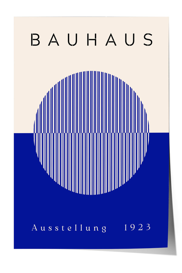 The image is a poster for the Bauhaus art school, featuring a large circular design with vertical lines and a blue background.