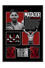 The image is a framed poster featuring a collage of images related to the professional fighter, El Matador. The poster includes images of El Matador in various poses and stances, along with text that describes his fighting style and background.