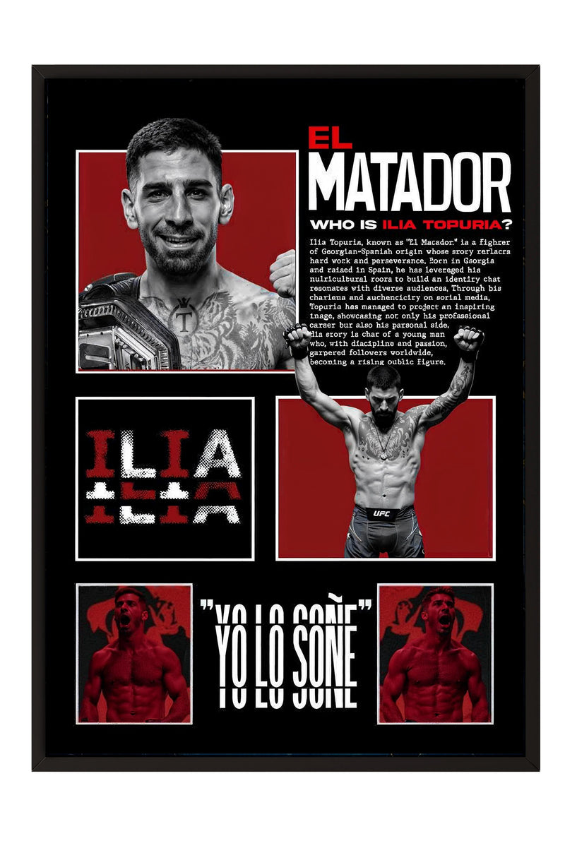 The image is a framed poster featuring a collage of images related to the professional fighter, El Matador. The poster includes images of El Matador in various poses and stances, along with text that describes his fighting style and background.