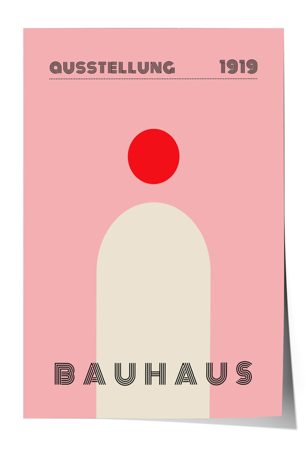 The image is a poster for the Bauhaus school in 1919, featuring a pink background with a large red circle and the text "QUUSSSTELLUNG 1919 Bauhaus".