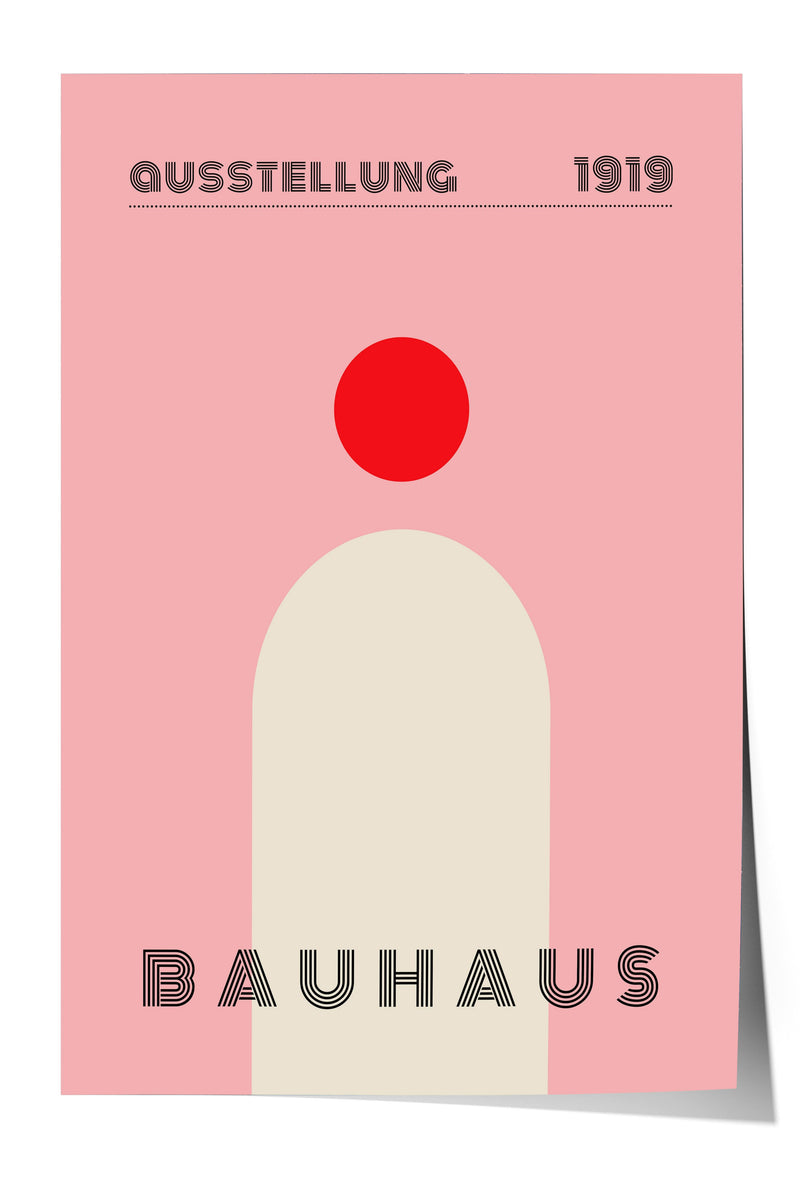 The image is a poster for the Bauhaus school in 1919, featuring a pink background with a large red circle and the text "QUUSSSTELLUNG 1919 Bauhaus".
