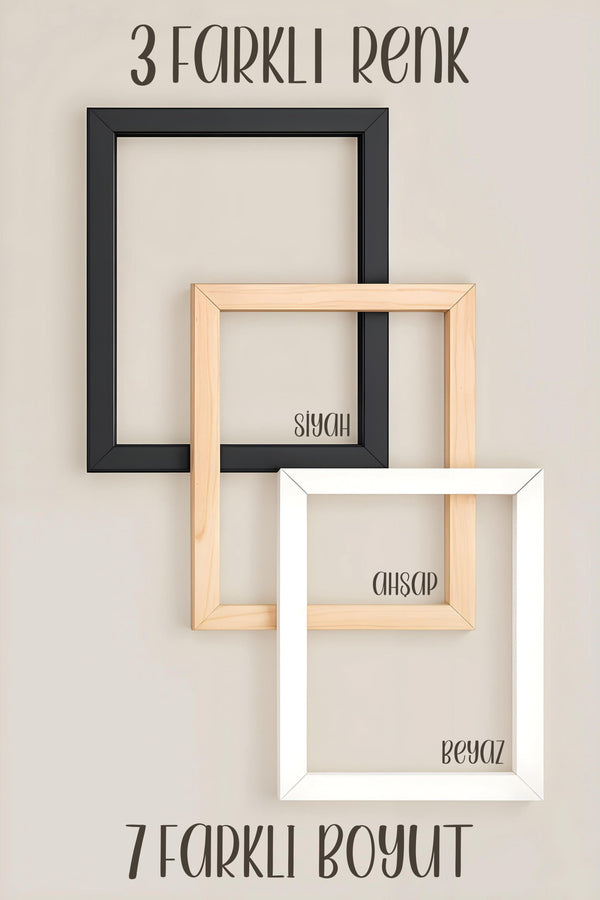 three different-sized wooden frames, each with a unique design and color, arranged in a triangular formation.