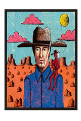The image is a painting depicting a cowboy in a desert landscape, with a red devil figure hanging from his belt.