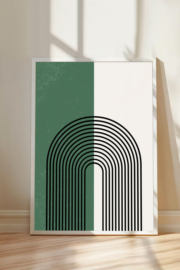 a minimalist art piece with a green and white color scheme, and a striking black and white geometric design resembling a rainbow or a curved line.