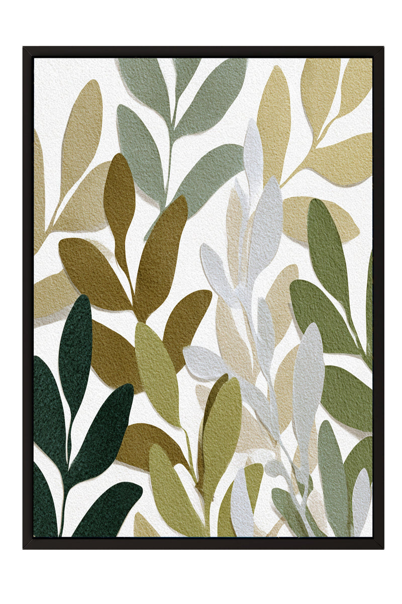 The image is a framed artwork featuring a repeating pattern of various leaf shapes in different shades of green, brown, and beige.