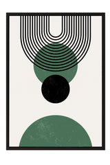 The image is a minimalist art piece featuring a geometric design with a large black circle and a series of black lines forming a curved pattern.