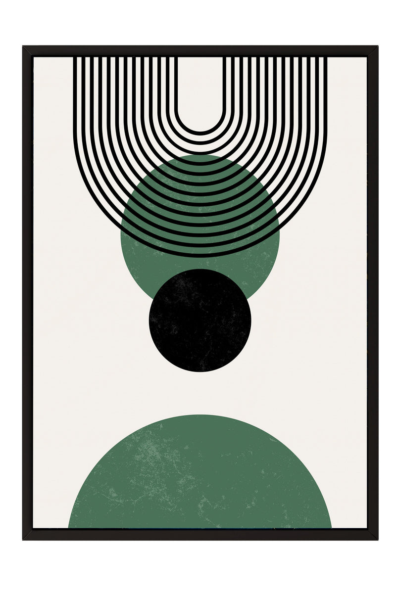 The image is a minimalist art piece featuring a geometric design with a large black circle and a series of black lines forming a curved pattern.
