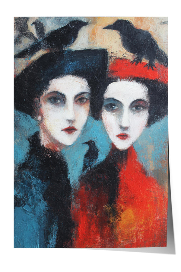 The image is an abstract painting featuring two stylized female figures with black hair and red and blue accents, set against a background of birds.