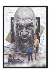 The image is a framed poster featuring a close-up of a man's face with a beard, surrounded by various boxing-related elements such as a referee, a fighter, and a referee's hand.