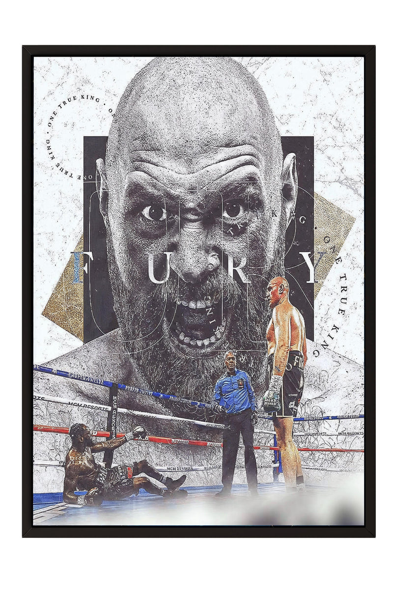 The image is a framed poster featuring a close-up of a man's face with a beard, surrounded by various boxing-related elements such as a referee, a fighter, and a referee's hand.