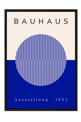 The image is a framed poster featuring a minimalist design with a large circular shape in blue and white colors, along with the text "BAHAU" and "AUSTELLUNG 1923" displayed prominently.