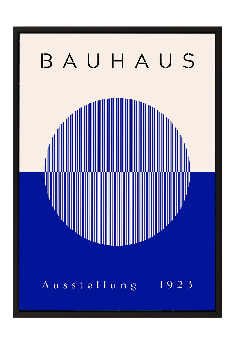 The image is a framed poster featuring a minimalist design with a large circular shape in blue and white colors, along with the text "BAHAU" and "AUSTELLUNG 1923" displayed prominently.