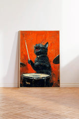 A black cat is depicted playing a drum set, with its mouth open and appearing to be singing or shouting while holding a drumstick.