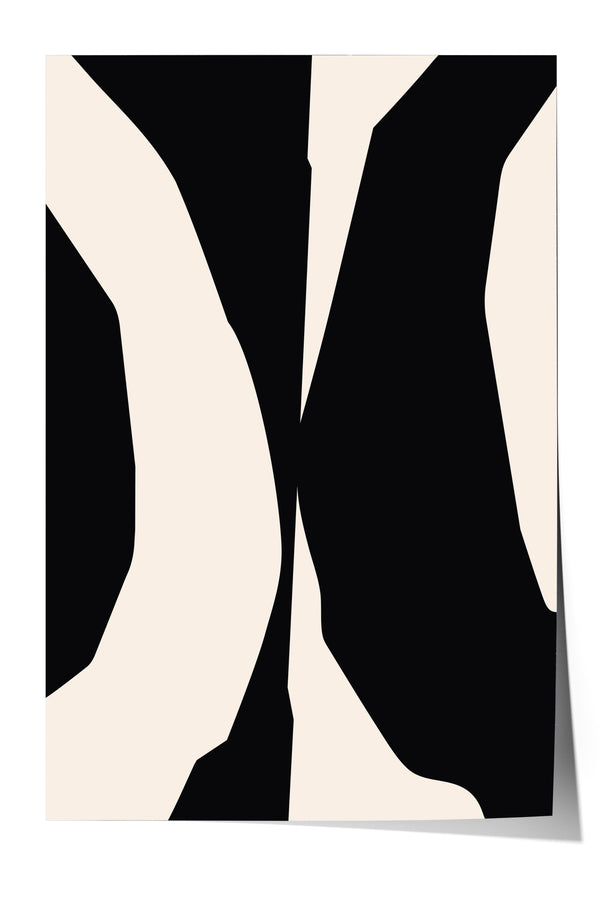 The image is a minimalist abstract artwork consisting of bold black and white shapes and lines.