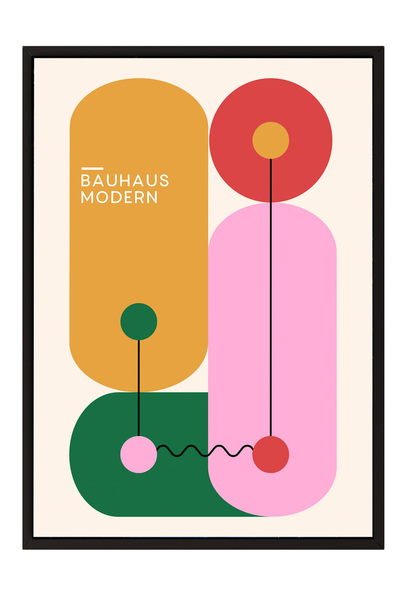 The image is a minimalist art piece featuring geometric shapes and lines in various colors, including orange, pink, green, and red.