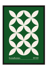 The image is a framed poster featuring a geometric design with a repeating pattern of white circles against a green background.