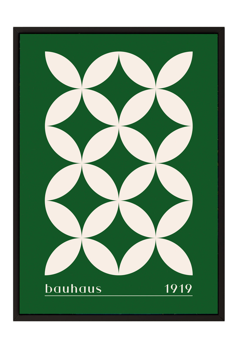 The image is a framed poster featuring a geometric design with a repeating pattern of white circles against a green background.