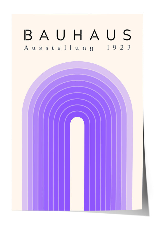 The image is a poster for Bauhaus, featuring a purple arch design with a repeating pattern of purple lines.