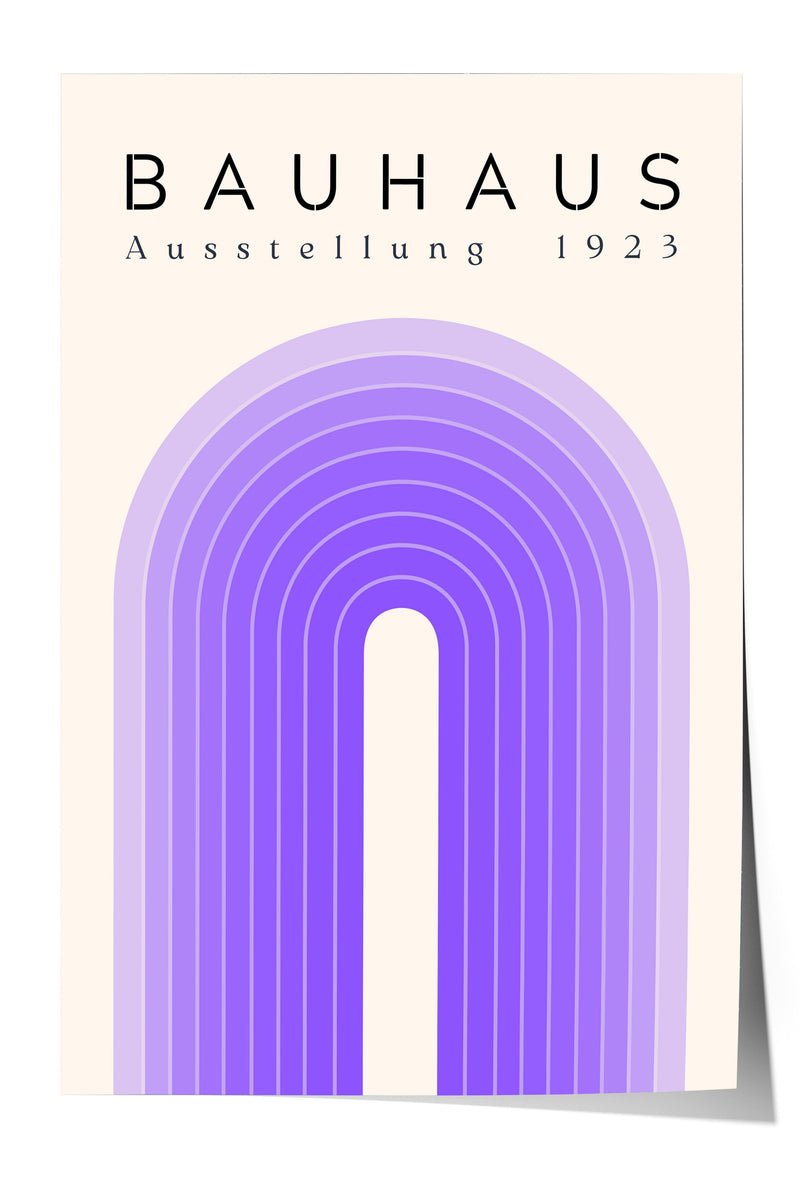 The image is a poster for Bauhaus, featuring a purple arch design with a repeating pattern of purple lines.