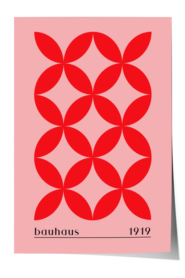 A minimalist poster featuring a repeating pattern of red circles against a pink background.