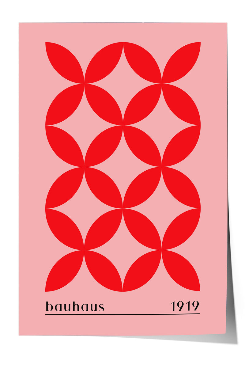 A minimalist poster featuring a repeating pattern of red circles against a pink background.