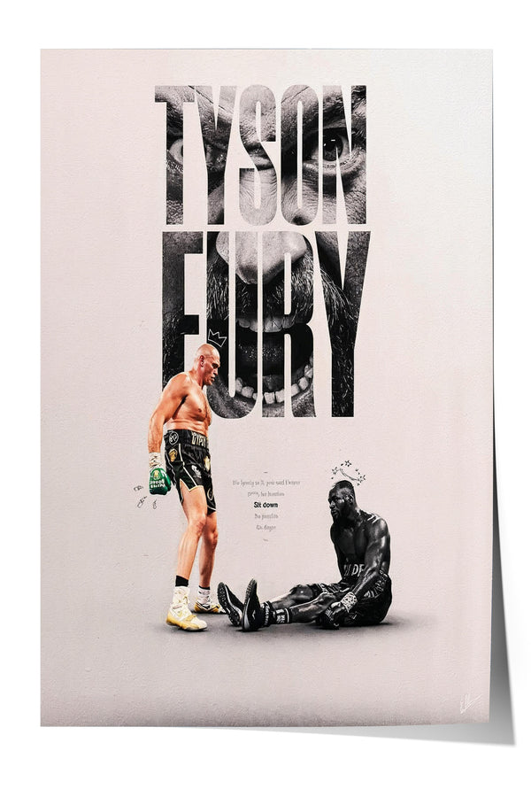 The image is a poster featuring a man in boxing attire, with the name "TYSON FURY" prominently displayed above him. The poster also includes a close-up of another man, likely a boxer, sitting on the ground.