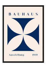 The image is a framed poster featuring the Bauhaus logo, which consists of a stylized cross composed of four blue circles arranged in a symmetrical pattern. The poster also includes the text "Bauhaus" and "Ausstellung 1919" below the logo.