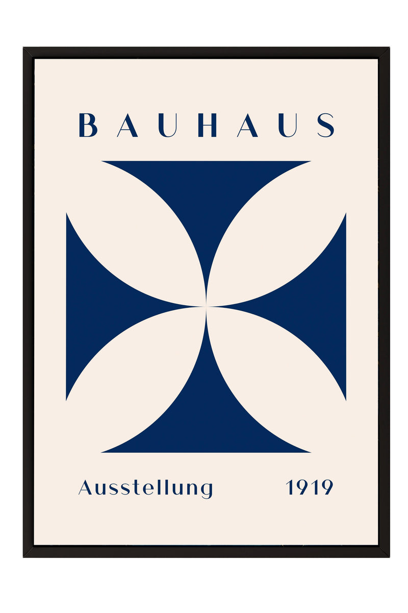 The image is a framed poster featuring the Bauhaus logo, which consists of a stylized cross composed of four blue circles arranged in a symmetrical pattern. The poster also includes the text "Bauhaus" and "Ausstellung 1919" below the logo.