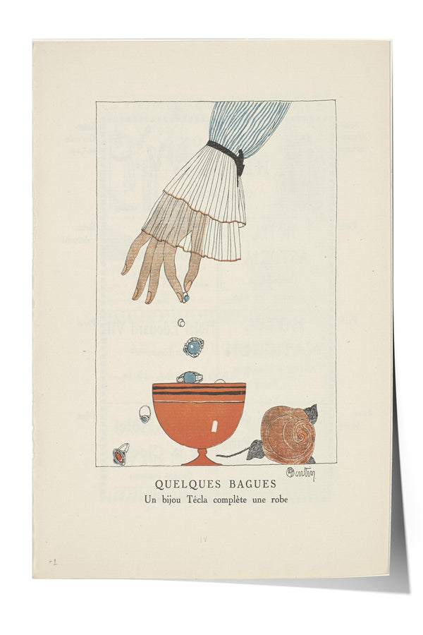 The image is a vintage advertisement featuring a hand reaching into a bowl, with various objects around it, including a rose and a bowl of fruit.