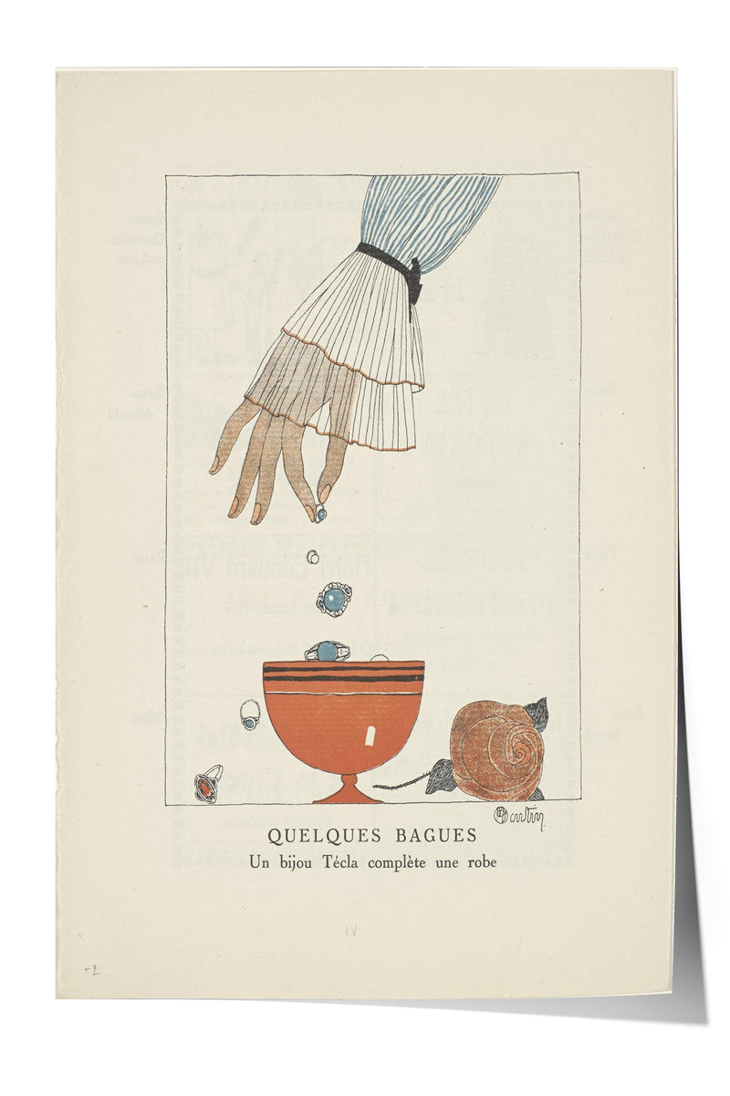 The image is a vintage advertisement featuring a hand reaching into a bowl, with various objects around it, including a rose and a bowl of fruit.